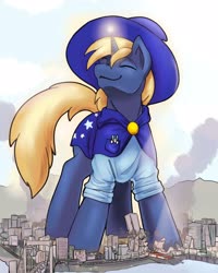 Size: 1280x1600 | Tagged: safe, artist:wolfenstyle, oc, oc only, oc:snap fable, oc:star bright, pony, unicorn, cape, city, clothes, cosmic wizard, destruction, duo, eyes closed, giant pony, growth, growth spell, hat, macro, male, mega giant, micro, pocket pony, size difference, smiling, stallion, wizard, wizard hat