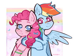Size: 993x759 | Tagged: safe, artist:puffyrin, pinkie pie, rainbow dash, earth pony, pegasus, pony, g4, cute, duo, female, lesbian, mare, ship:pinkiedash, shipping, spread wings, wings