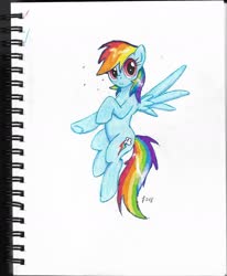 Size: 1280x1550 | Tagged: safe, artist:lennondash, rainbow dash, pegasus, pony, g4, cute, dashabetes, female, flying, looking at you, mare, raised hoof, solo, spread wings, three quarter view, traditional art, wings