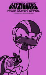 Size: 640x1032 | Tagged: safe, artist:anonymous, zecora, pony, zebra, g4, 4chan, drawthread, female, gayniggers from outer space, gun, handgun, monochrome, movie poster, pistol, ponified, ponified movie poster, solo, sunglasses, text, weapon