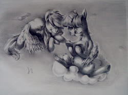Size: 2500x1853 | Tagged: safe, artist:lililioon, rainbow dash, twilight sparkle, alicorn, pegasus, pony, g4, book, cloud, female, folded wings, lesbian, mare, on a cloud, ship:twidash, shipping, spread wings, traditional art, twilight sparkle (alicorn), wings