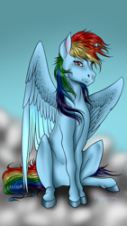 Size: 640x1136 | Tagged: safe, artist:crazyaniknowit, rainbow dash, pegasus, pony, g4, cloud, female, hooves, mare, on a cloud, sky, solo, spread wings, wings