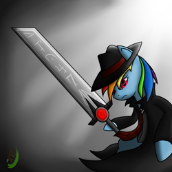 Size: 1200x1200 | Tagged: safe, artist:thezealotnightmare, rainbow dash, pegasus, pony, g4, badass, bipedal, clothes, coat, female, hat, mare, red eyes, solo, sword, weapon