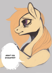 Size: 1750x2450 | Tagged: safe, artist:slimeprnicess, oc, oc only, oc:safe haven, earth pony, pony, 4chan, bags under eyes, bust, drawthread, offscreen character, profile, simple background, solo, speech bubble, text