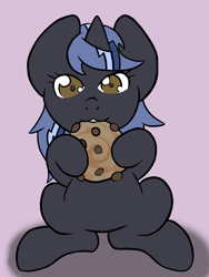 Size: 3000x4000 | Tagged: safe, artist:devorierdeos, oc, oc only, oc:heavy rain, pony, unicorn, cookie, eating, female, food, hooves, horn, looking at you, mare, simple background, sitting, solo