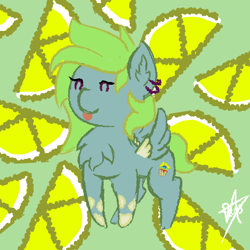 Size: 2000x2000 | Tagged: safe, artist:devorierdeos, oc, oc only, oc:laimon cupcake, pegasus, pony, abstract background, chest fluff, ear fluff, ear piercing, earring, eyes closed, female, food, high res, hooves, jewelry, lemon, mare, piercing, solo, spread wings, tongue out, wings