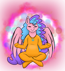 Size: 2463x2702 | Tagged: safe, artist:bella-pink-savage, oc, oc only, oc:bella pinksavage, pegasus, semi-anthro, arm hooves, bodysuit, catsuit, eyes closed, female, high res, hippie, jewelry, latex, latex suit, lotus position, meditating, meditation, necklace, peace suit, peace symbol, rubber suit, solo