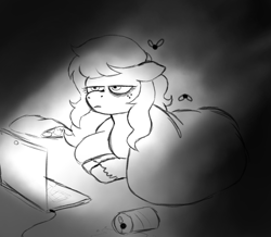 Size: 1089x951 | Tagged: safe, artist:anonymous, artist:happyartfag, wallflower blush, earth pony, fly, pony, g4, 4chan, bags under eyes, blanket, chips, computer, drawthread, equestria girls ponified, female, food, laptop computer, monochrome, ponified, soda can, solo