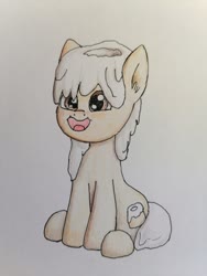 Size: 1000x1333 | Tagged: safe, artist:rainbowgearunicorn, oc, oc only, earth pony, food pony, original species, pony, female, food, hooves, mare, open mouth, ponified, simple background, sitting, solo, sweetroll, sweetroll pony, traditional art, white background