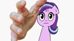 Size: 768x432 | Tagged: safe, starlight glimmer, human, pony, unicorn, g4, creepy, cursed emoji, female, hand, looking at you, mare, meme, needs more jpeg, simple background, solo, vibe check, white background