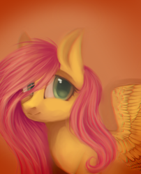 Size: 1110x1373 | Tagged: safe, artist:alphadesu, fluttershy, pegasus, pony, g4, bust, cute, female, gradient background, looking at you, mare, orange background, portrait, shyabetes, solo, spread wings, stray strand, three quarter view, wings