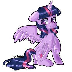 Size: 2000x2000 | Tagged: safe, artist:vpshka, twilight sparkle, alicorn, pony, g4, colored pupils, cute, cutie mark eyes, female, floppy ears, high res, lidded eyes, looking back, mare, simple background, sitting, solo, transparent background, twiabetes, twilight sparkle (alicorn), wingding eyes