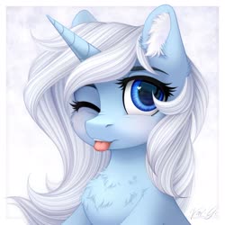 Size: 2300x2300 | Tagged: dead source, safe, artist:vird-gi, oc, oc only, oc:eula phi, pony, unicorn, abstract background, blushing, bust, cheek fluff, chest fluff, cute, ear fluff, eyebrows, female, high res, looking at you, mare, one eye closed, portrait, solo, tongue out, wink, winking at you