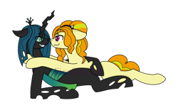Size: 1134x704 | Tagged: safe, artist:bloody-liu, artist:firefox238, adagio dazzle, queen chrysalis, changeling, earth pony, pony, g4, base used, blank flank, chrysgio, crack shipping, equestria girls ponified, female, grin, hug, lesbian, looking at each other, mare, on side, ponified, shipping, simple background, smiling, transparent background