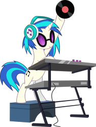 Size: 1888x2500 | Tagged: safe, artist:askometa, dj pon-3, vinyl scratch, pony, unicorn, g4, slice of life (episode), bipedal, bipedal leaning, dexterous hooves, female, headphones, high res, holding up, leaning, mare, record, show accurate, simple background, smiling, solo, sunglasses, transparent background, turntable, vector