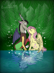 Size: 768x1024 | Tagged: safe, artist:delfinaluther, discord, fluttershy, draconequus, pegasus, pony, g4, eyes closed, female, imminent kissing, lights, male, mare, pine tree, pond, profile, reflection, ripple, ship:discoshy, shipping, signature, sitting, smiling, spread wings, straight, tree, water, wings