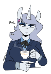 Size: 689x1002 | Tagged: safe, artist:redxbacon, oc, oc only, oc:platinum decree, unicorn, anthro, clothes, cup, ear piercing, earring, female, food, glare, jewelry, looking at you, makeup, piercing, simple background, solo, suit, tea, teacup, unamused, white background
