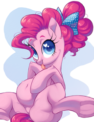 Size: 843x1098 | Tagged: safe, artist:toroitimu, pinkie pie, earth pony, pony, g4, the last problem, alternate hairstyle, belly, belly button, belly fluff, bow, cheek fluff, cute, diapinkes, digital art, female, frog (hoof), hair bow, heart eyes, leg fluff, mare, older, older pinkie pie, preggy pie, pregnant, smiling, solo, tongue out, underhoof, wingding eyes