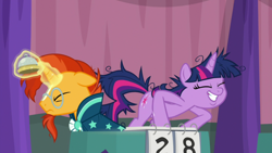 Size: 1920x1080 | Tagged: safe, screencap, sunburst, twilight sparkle, alicorn, pony, unicorn, a trivial pursuit, g4, my little pony: friendship is magic, bell, female, male, mare, messy mane, stallion, twilight sparkle (alicorn)