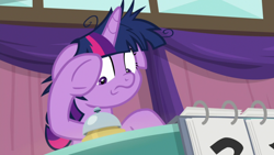 Size: 1920x1080 | Tagged: safe, screencap, twilight sparkle, alicorn, pony, a trivial pursuit, g4, bell, female, floppy ears, messy mane, solo, twilight sparkle (alicorn)