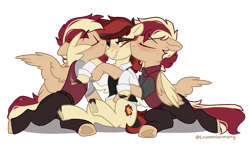 Size: 1350x800 | Tagged: safe, artist:crimmharmony, oc, oc only, oc:casino royale, oc:even split, oc:low roller, pegasus, pony, 2 male 1 female, blushing, brothers, cheek kiss, clothes, collar, female, heart, hoof heart, kissing, male, mare, pants, relationship, siblings, simple background, stallion, straight, transparent background, trio, twins