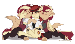 Size: 1350x800 | Tagged: safe, artist:crimmharmony, oc, oc only, oc:casino royale, oc:even split, oc:low roller, pegasus, pony, blushing, brothers, cheek kiss, clothes, collar, female, heart, hoof heart, kiss sandwich, kissing, male, mare, pants, relationship, siblings, simple background, stallion, straight, transparent background, trio, twins