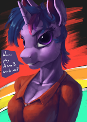 Size: 1000x1400 | Tagged: safe, artist:eqlipse, twilight sparkle, oc, oc:acesential, alicorn, anthro, g4, body swap, breasts, bust, cleavage, female, implied transformation, implied transgender transformation, male to female, mare, painterly, polo shirt, possessed, possession, rule 63, teeth