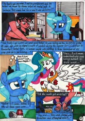 Size: 2087x2989 | Tagged: safe, artist:newyorkx3, princess celestia, princess luna, oc, oc:tommy the human, comic:young days, g4, clothes, comic, digital art, female, high res, mare, traditional art