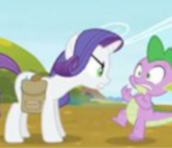 Size: 496x426 | Tagged: safe, screencap, rarity, spike, g4, inspiration manifestation, cropped, duo, inspirarity, lowres, needs more jpeg, possessed, raised leg, scared, upscaled