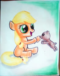 Size: 1062x1354 | Tagged: safe, artist:jonathan-c-eastwood, applejack, winona, dog, g4, cute, duo, female, filly, filly applejack, jumping, puppy, sitting, traditional art, winonabetes, younger