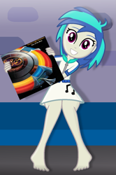 Size: 873x1317 | Tagged: safe, artist:grapefruitface1, dj pon-3, vinyl scratch, equestria girls, g4, barefoot, clothes, electric light orchestra, feet, female, grin, looking at you, record, show accurate, sitting, smiling, solo