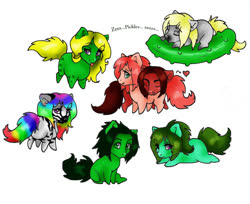Size: 700x571 | Tagged: safe, artist:sugarcup, oc, oc only, oc:sugar, earth pony, pony, :p, chibi, earth pony oc, eyes closed, food, heart, male, multicolored hair, nuzzling, pickle, prone, rainbow hair, simple background, sitting, smiling, stallion, tongue out, white background