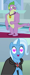 Size: 580x1436 | Tagged: safe, edit, edited screencap, screencap, spike, trixie, g4, magic duel, the last problem, alicorn amulet, female, gigachad spike, heart eyes, male, older, older spike, shipping, shipping domino, spixie, straight, wingding eyes