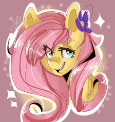 Size: 346x367 | Tagged: safe, artist:pinki3xpie, fluttershy, pony, g4, abstract background, bust, cute, eye clipping through hair, female, flower, flower in hair, portrait, shyabetes, smiling, solo