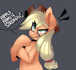 Size: 346x318 | Tagged: safe, artist:pinki3xpie, applejack, earth pony, pony, g4, exclamation point, female, flexing, gray background, grin, simple background, smiling, solo, speech bubble