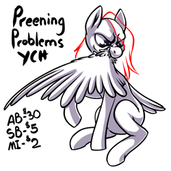 Size: 1500x1500 | Tagged: safe, artist:thrimby, pegasus, pony, angry, commission, frustrated, grooming, preening, simple background, solo, white background, wings, your character here