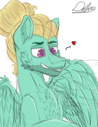 Size: 785x1015 | Tagged: safe, artist:delfinaluther, zephyr breeze, pegasus, pony, g4, bust, cheek fluff, chest fluff, colored pupils, colored sketch, ear fluff, floating heart, grin, heart, lidded eyes, male, portrait, signature, simple background, smiling, solo, stallion, three quarter view, white background