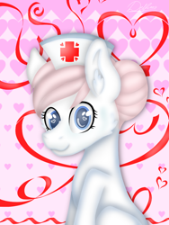 Size: 768x1024 | Tagged: safe, artist:delfinaluther, nurse redheart, earth pony, pony, g4, bust, cheek fluff, ear fluff, female, hat, heart, heart background, heart eyes, looking at you, mare, nurse hat, portrait, ribbon, signature, sitting, smiling, solo, three quarter view, wingding eyes