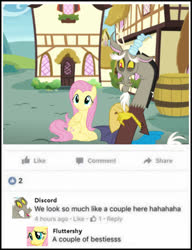 Size: 500x651 | Tagged: safe, edit, discord, fluttershy, draconequus, pegasus, pony, g4, facebook, friendzone, implied discoshy, implied shipping, implied straight, meme, ponified meme, shipping denied