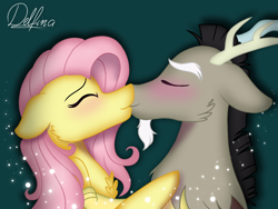 Size: 1024x768 | Tagged: safe, artist:delfinaluther, discord, fluttershy, draconequus, pegasus, pony, g4, blushing, cheek fluff, chest fluff, eyes closed, female, floppy ears, green background, interspecies, kissing, lights, male, mare, profile, ship:discoshy, shipping, signature, simple background, straight