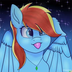 Size: 1600x1600 | Tagged: safe, artist:dustypones, oc, oc only, oc:flamelight dash, pegasus, pony, :p, covered eyes, ear fluff, jewelry, male, necklace, night, simple background, solo, stallion, stars, tongue out, watermark, wings