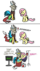 Size: 720x1280 | Tagged: safe, artist:delfinaluther, discord, fluttershy, draconequus, pegasus, pony, g4, :3, :i, blanket, blood, blood transfusion, coils, comic, concerned, crying, cute, dialogue, discute, electrocardiogram, exclamation point, eyes closed, female, first aid kit, fluttershy is not amused, heart monitor, holding a pony, hoof over mouth, male, mare, onomatopoeia, overreaction, question, question mark, really?, ship:discoshy, shipping, simple background, sitting, smiling, sneezing, straight, swaddled, unamused, white background