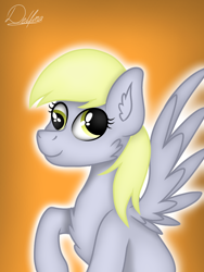 Size: 768x1024 | Tagged: safe, artist:delfinaluther, derpy hooves, pegasus, pony, g4, bust, cheek fluff, chest fluff, ear fluff, female, gradient background, mare, orange background, portrait, raised hoof, signature, simple background, smiling, solo, spread wings, three quarter view, wings