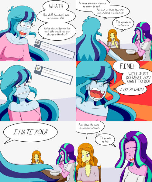 2286742 - safe, artist:jake heritagu, adagio dazzle, aria blaze, sonata  dusk, comic:aria's archives, equestria girls, bowl, chair, clothes, comic,  crying, dialogue, female, mug, speech bubble, spoon, table - Derpibooru