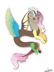 Size: 768x1024 | Tagged: safe, artist:delfinaluther, discord, fluttershy, draconequus, g4, blushing, colored wings, cute, cute little fangs, ethereal mane, fangs, fusion, fusion:discord, fusion:fluttershy, gradient wings, looking at you, multicolored wings, signature, simple background, smiling, starry mane, white background, wings