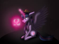 Size: 1024x768 | Tagged: safe, artist:delfinaluther, twilight sparkle, alicorn, pony, g4, cheek fluff, chest fluff, crown, darkness, ear fluff, female, glowing, glowing horn, horn, jewelry, leg fluff, magic, mare, profile, regalia, shadow, sitting, smiling, solo, spread wings, twilight sparkle (alicorn), wings