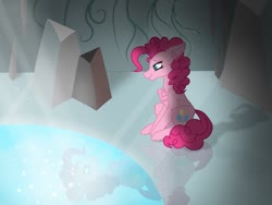Size: 1024x768 | Tagged: safe, artist:delfinaluther, pinkie pie, earth pony, pony, g4, cave, chest fluff, ear fluff, female, leg fluff, mare, mirror pool, profile, reflection, shadow, shining, sitting, smiling, solo