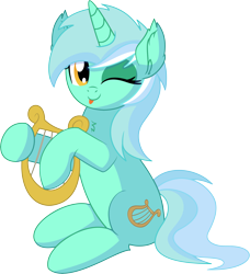 Size: 6183x6768 | Tagged: safe, artist:cyanlightning, lyra heartstrings, pony, unicorn, g4, .svg available, ;p, absurd resolution, chest fluff, cute, ear fluff, female, holding, lyrabetes, lyre, mare, musical instrument, one eye closed, open mouth, simple background, sitting, smiling, solo, tongue out, transparent background, vector