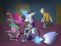 Size: 1024x768 | Tagged: safe, artist:delfinaluther, rarity, spike, dragon, pony, unicorn, g4, cheek fluff, chest fluff, clothes, dress, dress form, dressmaking, ear fluff, eyes closed, fabric, female, gem, glowing horn, hat, hoof shoes, horn, implied shipping, implied sparity, implied straight, leg fluff, magic, male, mannequin, mare, pincushion, ponyquin, profile, ribbon, shadow, sitting, sleeping, smiling, winged spike, wings