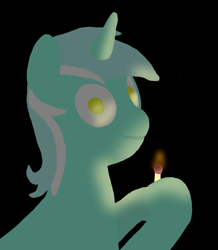 Size: 1280x1471 | Tagged: safe, artist:gamedevanon, lyra heartstrings, pony, unicorn, g4, black background, female, fire, horn, looking at you, match, ominous, simple background, solo